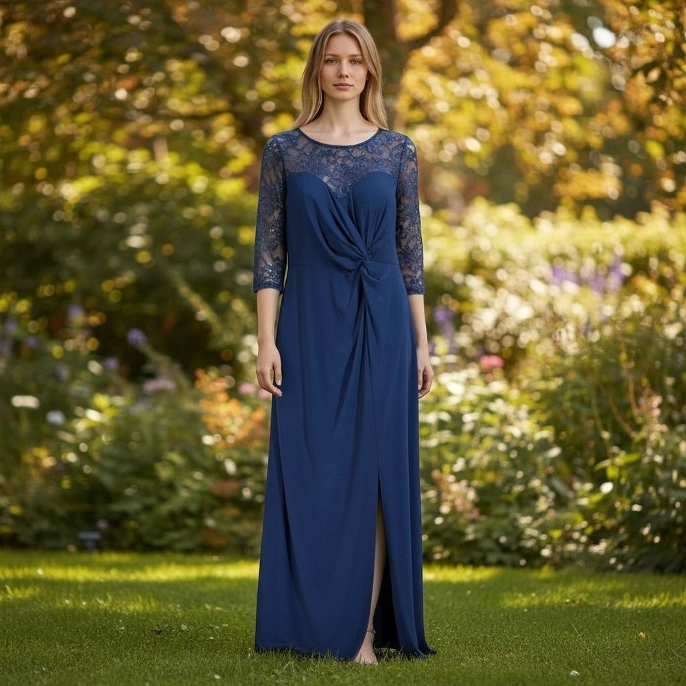 Alex Evenings Gown Women 14W Navy Blue Lace Sequin Formal Dress